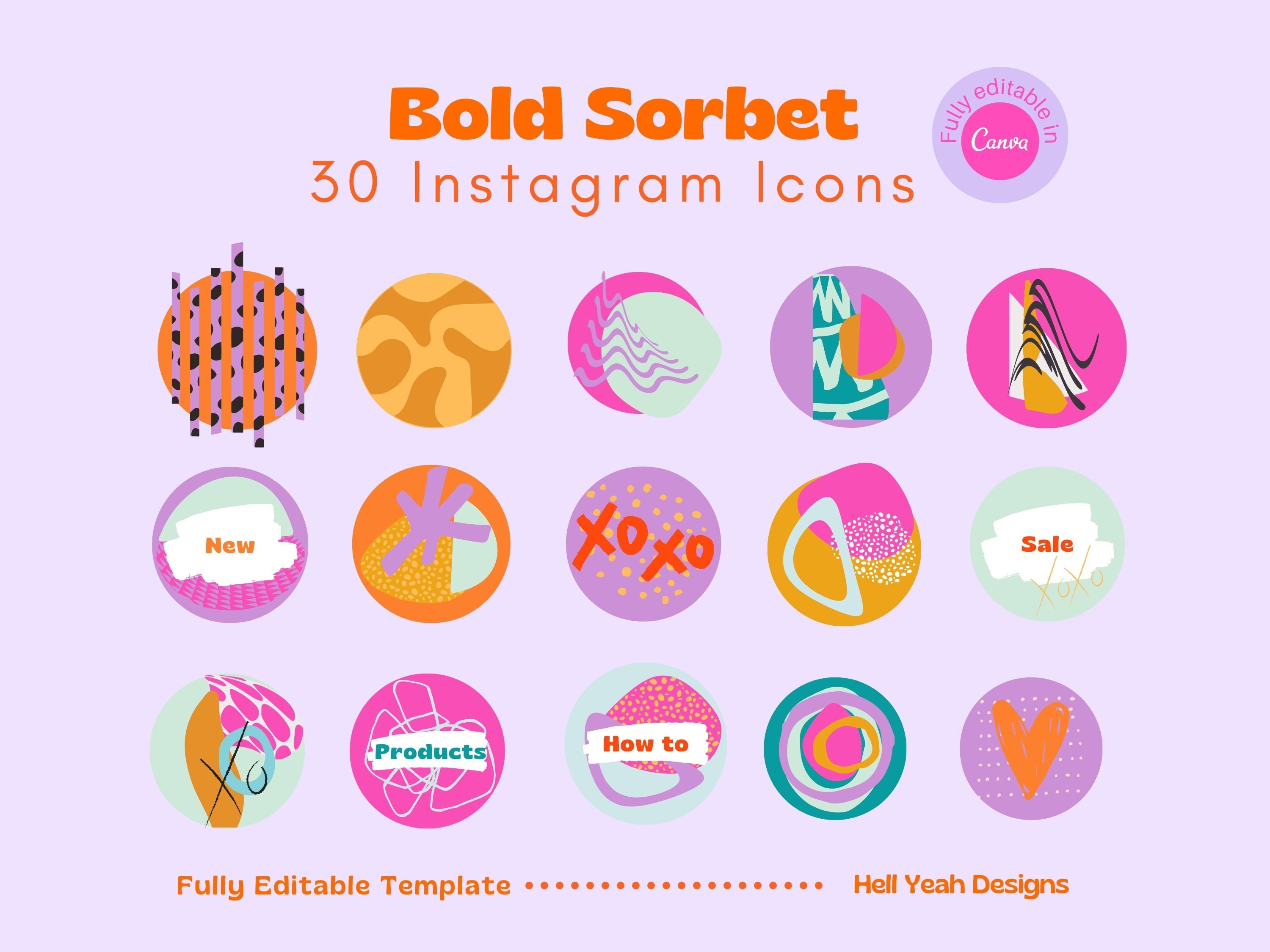 Bold Sorbet Instagram Highlight Covers CANVA, Editable Instagram Icons, Cute Bright Story Icons, Groovy Retro Social Media Branding