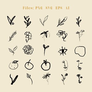 May include: A set of 25 black and white hand-drawn illustrations featuring various floral, plant, and abstract designs. The illustrations are in a minimalist style and would be perfect for use in digital or printed projects.