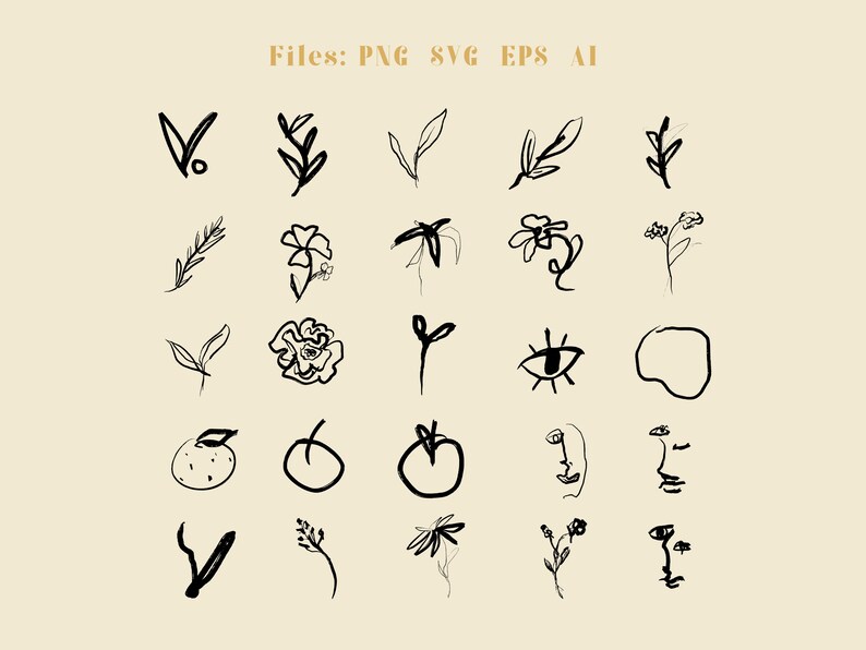 May include: A set of 25 black and white hand-drawn illustrations featuring various floral, plant, and abstract designs. The illustrations are in a minimalist style and would be perfect for use in digital or printed projects.