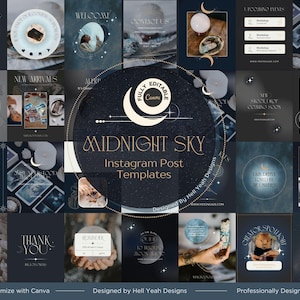 May include: A collection of dark blue and black Instagram post templates titled Midnight Sky, featuring celestial graphics, moon phases, and mystical imagery. The templates include text elements like Welcome, Contact Us, and Upcoming Events for Canva.