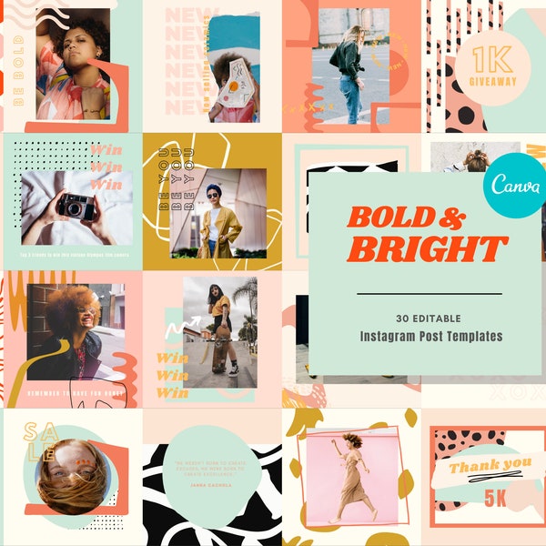 Bold & Bright Instagram POST Templates for Canva, Colorful Instagram Templates, Bright Branding, Abstract Instagram Feed, Fun Canva Template
