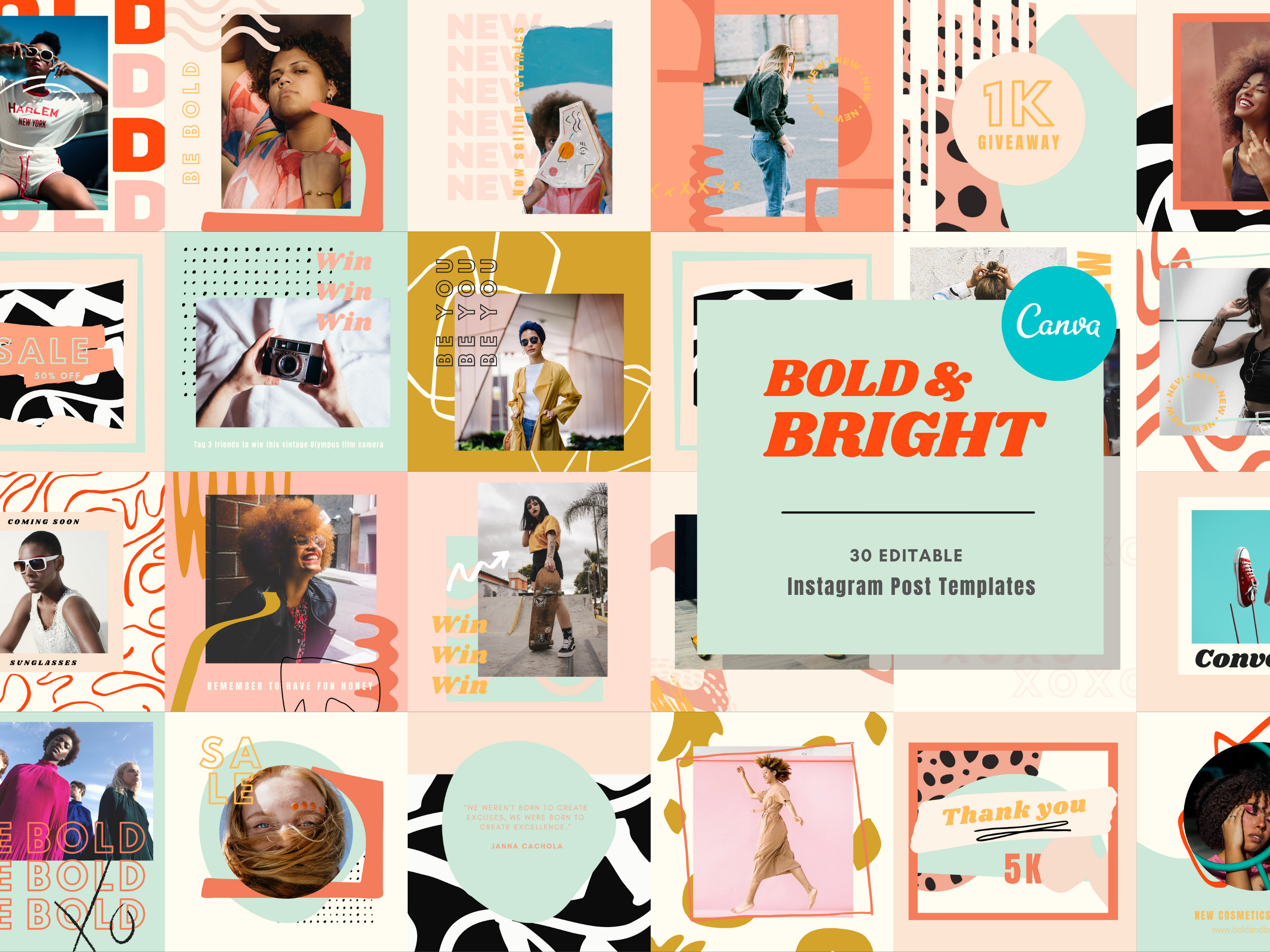 Bold Bright Instagram Post Templates For Canva Colorful Etsy