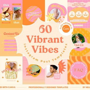 May include: A collection of 60 vibrant Instagram post templates with a peach, orange, and yellow color scheme. The templates feature various designs, including text boxes, geometric shapes, and illustrations. The text "60 Vibrant Vibes Instagram Post Templates" is featured in the center of the image.