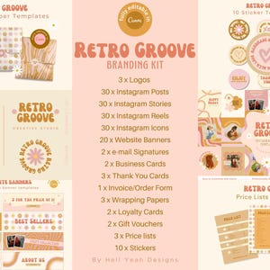 May include: A branding kit for a business called Retro Groove. The kit includes 3 logos, 30 Instagram posts, 30 Instagram stories, 30 Instagram reels, 30 Instagram icons, 20 website banners, 2 email signatures, 2 business cards, 3 thank you cards, 1 invoice/order form, 3 wrapping papers, 2 loyalty cards, 2 gift vouchers, 3 price lists, and 10 stickers. The kit is fully editable in Canva.