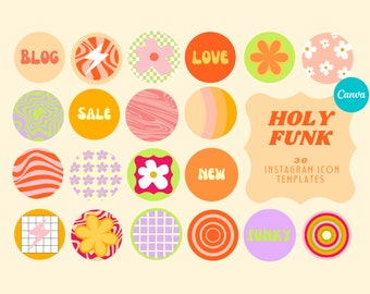 Holy Funk Instagram Highlight Covers CANVA, Editable Instagram Icons, Cute Bright Story Icons, Groovy Retro Social Media Branding