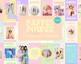 May include: A collection of 30 pastel-colored Instagram post templates featuring various designs and text, including "Pastel Power", "Summer Tops", "Best Seller", "Sale", "Win", "Giveaway", "Crochet Tips", "Arrivals", and "Local Designer".