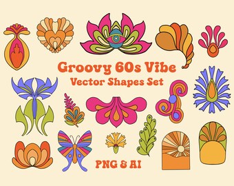 Groovy 60s psychedelic Clipart: Retro Graphic Design Elements (PNG & AI)