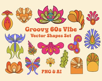 Ensemble de formes Vibe Groovy 60s, Clipart lumineux, Éléments de conception graphique, Clipart de formes rétro, Éléments de marque, Clipart amusant