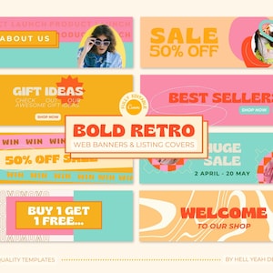 May include: A set of colorful retro web banners and listing covers for Etsy shops. The banners feature bold text, geometric shapes, and checkered patterns in shades of pink, yellow, and blue. The text includes phrases like "Sale 50% Off", "Gift Ideas", "Best Sellers", and "Welcome to Our Shop".
