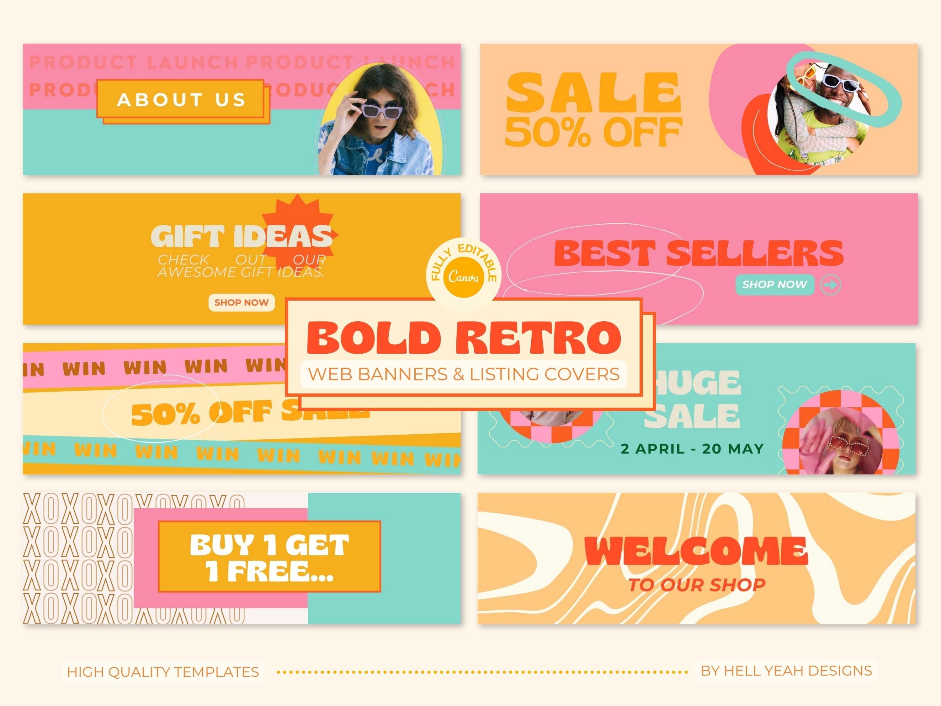 Bold Retro Website Banner Templates Bundle fully editable in Canva