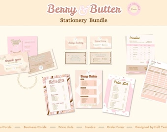 Bakery Brand Stationery Bundle | Business Cards | Thank you Cards | Price Lists | Invoice | Fully Editable in Canva