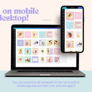 Puede incluir: Un port&aacute;til y un tel&eacute;fono inteligente que muestran una plantilla de dise&ntilde;o de Canva con una cuadr&iacute;cula de plantillas de publicaciones en redes sociales coloridas. El texto en la pantalla dice "&iexcl;Edita en el m&oacute;vil o en el escritorio!" y "&iexcl;Puedes personalizar todas las plantillas en la web de Canva o en la aplicaci&oacute;n m&oacute;vil y usarlas una y otra vez!"
