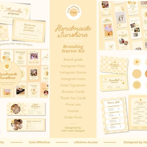 May include: A digital branding starter kit template titled Handmade Sunshine, featuring a light yellow color palette. The set includes thank you cards, Instagram posts, stories, icons, business cards, price lists, invoices, and order forms.