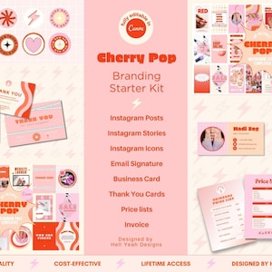 May include: A branding starter kit titled "Cherry Pop" with a pink and red color scheme. The kit includes Instagram posts, stories, and icons, email signatures, business cards, thank you cards, price lists, and invoices. Designed by Hell Yeah Designs.