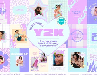 May include: A collection of 30 customisable Instagram post and story templates in a Y2K aesthetic. The templates feature a variety of colours, including pink, blue, and purple, and include text such as "30 Editable", "Y2K", "Instagram Post & Story Templates", "Coming Soon", "Thank You 5K Followers", "Sale", "Giveaway", and "SS Style".