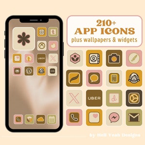 May include: A digital mockup of a smartphone screen with a collection of 210+ app icons in a retro aesthetic. The icons are in a variety of colors, including brown, yellow, and pink. The text "210+ APP ICONS" and "plus wallpapers & widgets" is displayed above the icons. The text "by Hell Yeah Designs" is displayed below the icons.