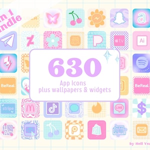 Può includere: Un'illustrazione digitale di una griglia color pastello con 630 icone di app, sfondi e widget. Il testo "630 App Icons plus wallpapers & widgets" è in una casella viola al centro della griglia. Il testo "3 in 1 bundle" è nell'angolo in alto a sinistra della griglia. Il testo "by Hell Yeah Designs" è nell'angolo in basso a destra della griglia.