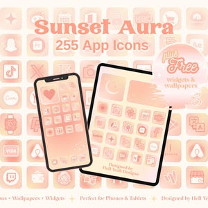 May include: A digital product featuring 255 app icons, widgets, and wallpapers with a sunset aura theme. The image shows a phone and tablet displaying the icons, with a soft peach and cream color palette. Text includes "Sunset Aura" and "Free widgets & wallpapers."