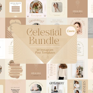 May include: A set of 30 Instagram post templates with a celestial theme. The templates feature a variety of designs, including stars, moons, and other celestial bodies. The templates are perfect for businesses and individuals who want to create eye-catching and engaging social media content.