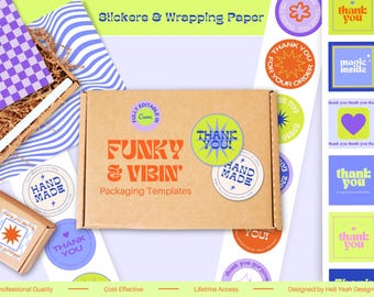 Funky & Vibin Packaging Bundle | Editable Canva Wrapping Paper Stickers | Printable Purple Lime Tissue Paper, Circle Square Labels