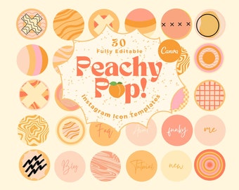 Peachy Pop Instagram Highlight Covers CANVA, Editable Instagram Icons, Cute Bright Story Icons, Groovy Retro Social Media Branding