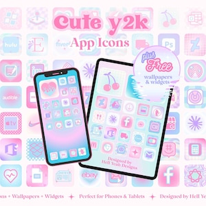 May include: A digital collection of app icons, wallpapers, and widgets featuring a pink and blue gradient colour scheme. The display shows a smartphone and tablet screen with various social media and utility icons, including text reading Cute y2k App Icons.