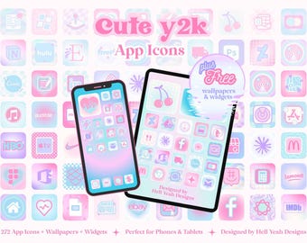 Op de afbeelding: Een digitale collectie van app-iconen, achtergronden en widgets met een roze en blauw kleurverloop. Het scherm toont een smartphone en tablet met diverse iconen, inclusief de tekst Cute y2k App Icons.