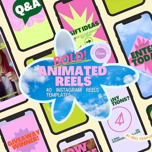 May include: A collection of colorful phone screen mockups with animated graphics and text overlays. The text includes "BOLD! ANIMATED REELS", "40 INSTAGRAM REELS TEMPLATES", "GIVEAWAY WINNER!" and "ENTER TODAY".