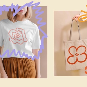 May include: A white t-shirt with a pink floral design and a tote bag with a red floral design. Both designs are simple and abstract.