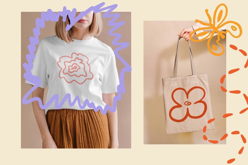 May include: A white t-shirt with a pink floral design and a tote bag with a red floral design. Both designs are simple and abstract.
