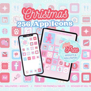 May include: A digital product featuring a Christmas theme. The image shows a smartphone and a tablet displaying app icons, widgets, and wallpapers in pink and blue. The text reads "Christmas 256 App Icons" and "plus Free Widgets & Wallpapers."