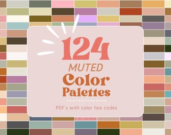 Puede incluir: Un gráfico con 124 paletas de colores apagados. El texto "124 Paletas de colores apagados" se muestra en un rectángulo rosa con un diseño de estrella blanca. El texto "PDF's con códigos hexadecimales de colores" se muestra debajo del rectángulo.