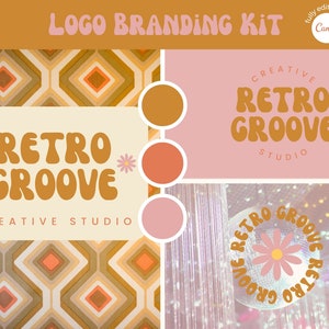 Op de afbeelding: Een brandingkit voor een bedrijf genaamd "Retro Groove Creative Studio". De kit bevat een logo met een retro lettertype, een kleurenpalet met tinten roze, oranje en bruin, en een patroon met geometrische vormen.