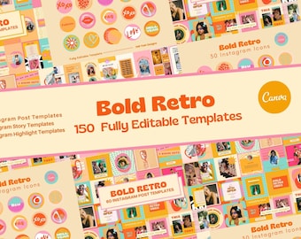 Bold Retro INSTAGRAM BUNDLE, Post Story Icon Canva Templates