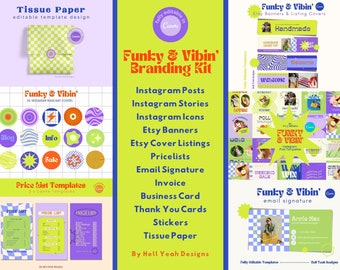 May include: A branding kit for Etsy shops and social media featuring a colourful, retro design with a funky and vibrant theme. The kit includes Instagram posts, stories, icons, Etsy banners, cover listings, price lists, email signatures, invoices, business cards, thank you cards, stickers, and tissue paper templates. The design features a checkerboard pattern, bright colours, and geometric shapes.
