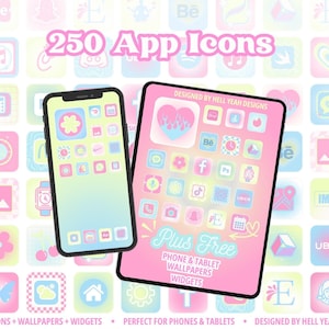 Könnte beinhalten: Digitales Grafikdesign mit Smartphone und Tablet, die App-Symbole in Pastellrosa, Gelb und Blau anzeigen. Der Text "250 App Icons" steht oben, mit Werbung für Hintergrundbilder und Widgets. Entworfen von Hell Yeah Designs.