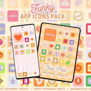 May include: A digital display of a Funky App Icons Pack featuring a smartphone and tablet screen with colourful, stylised app icons. The background shows a grid of various app icons in orange, pink, and yellow tones with wavy patterns.