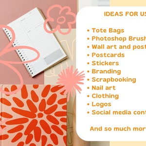 May include: A flat lay image with a notebook, a pen, and various colorful abstract designs. The text "IDEAS FOR USE:" is written in orange on a yellow background. The text lists various uses for the designs, including tote bags, Photoshop brushes, wall art, postcards, stickers, branding, scrapbooking, nail art, clothing, logos, and social media content. The text ends with "And so much more!"