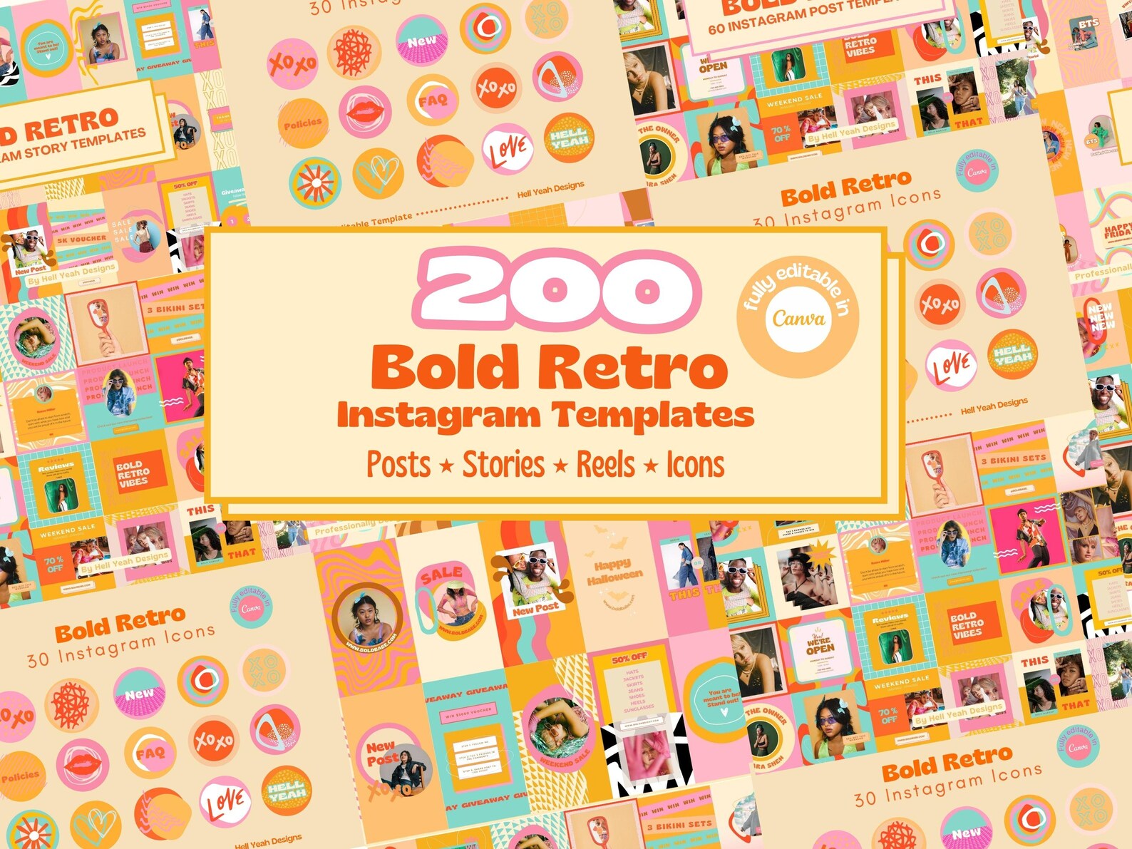 200 Bold Retro Instagram Bundle, Posts Stories Icons Reels Canva ...