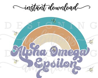 Alpha Omega Epsilon 70's Retro Rainbow Iron-on, Archivo de corte, Descarga instantánea, Personalizado
