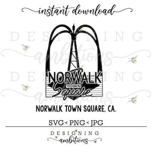 May include: Black and white graphic design of the Norwalk Town Square, California. The design features a stylized tower with the text "Norwalk Town Square" and "SVG PNG JPG" below.
