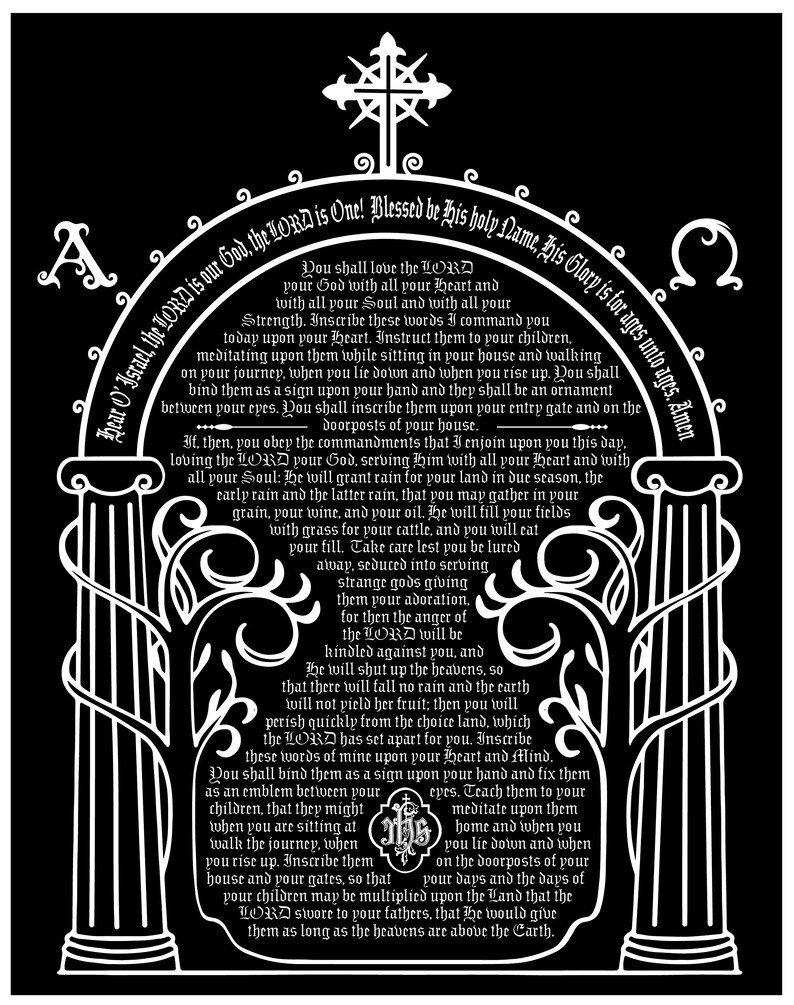 K&ouml;nnte beinhalten: Schwarz-wei&szlig;-Illustration eines religi&ouml;sen Textes mit einem dekorativen Rahmen. Der Text stammt aus dem Alten Testament und enth&auml;lt die Worte "Du sollst den Herrn, deinen Gott, lieben mit ganzem Herzen und mit ganzer Seele."