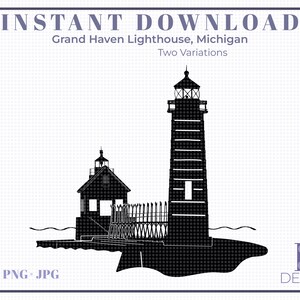 May include: Black and white silhouette of the Grand Haven Lighthouse in Michigan. The lighthouse is on a small island with a breakwater in front of it. The text "INSTANT DOWNLOAD" and "SVG PNG JPG" are at the bottom of the image.