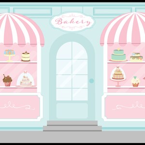 K&ouml;nnte beinhalten: Ein pastellblaues und rosafarbenes Ladengesch&auml;ft mit einem Schild, auf dem "B&auml;ckerei" steht. Das Ladengesch&auml;ft hat zwei gro&szlig;e Schaufenster, in denen verschiedene Kuchen, Cupcakes und Geb&auml;ck ausgestellt sind.