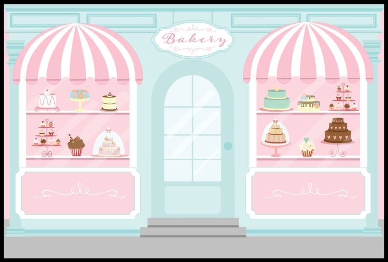 K&ouml;nnte beinhalten: Ein pastellblaues und rosafarbenes Ladengesch&auml;ft mit einem Schild, auf dem "B&auml;ckerei" steht. Das Ladengesch&auml;ft hat zwei gro&szlig;e Schaufenster, in denen verschiedene Kuchen, Cupcakes und Geb&auml;ck ausgestellt sind.