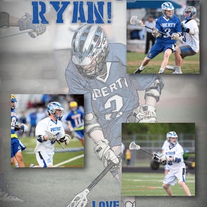 K&ouml;nnte beinhalten: Eine Collage von Fotos von Lacrosse-Spielern mit dem Text "GOOD LUCK RYAN!" und "LOVE, MOM, DAD, KYLE & NICK" oben und unten im Bild.