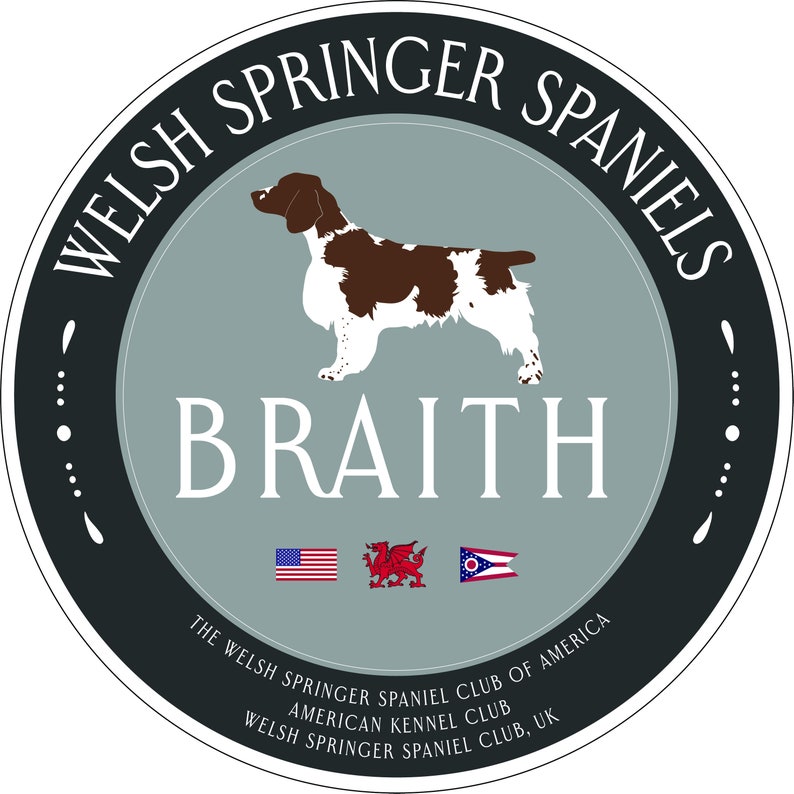 K&ouml;nnte beinhalten: Ein schwarzes und wei&szlig;es kreisf&ouml;rmiges Logo mit dem Text "WELSH SPRINGER SPANIELS" in einem schwarzen Kreis um einen hellblauen Kreis. Der Text "BRAITH" befindet sich in der Mitte des hellblauen Kreises. Ein brauner und wei&szlig;er Welsh Springer Spaniel ist im hellblauen Kreis. Der Text "THE WELSH SPRINGER SPANIEL CLUB OF AMERICA" befindet sich in einem schwarzen Kreis um den hellblauen Kreis. Der Text "AMERICAN KENNEL CLUB" befindet sich unter dem hellblauen Kreis. Der Text "WELSH SPRINGER SPANIEL CLUB. UK" befindet sich unter dem Text "AMERICAN KENNEL CLUB".