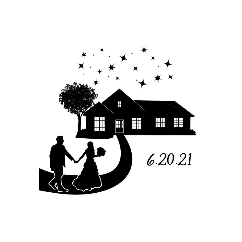 K&ouml;nnte beinhalten: Schwarz-wei&szlig; Silhouette Illustration eines Paares, das auf ein Haus mit einem Baum und Sternen im Hintergrund zugeht. Das Datum 6.20.21 ist unter dem Haus geschrieben.