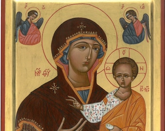 Mother of God. Odigitria. Orthodox icon. Jesus Emmanuel. Handpainted icon. Аngels Gabriel and Michael
