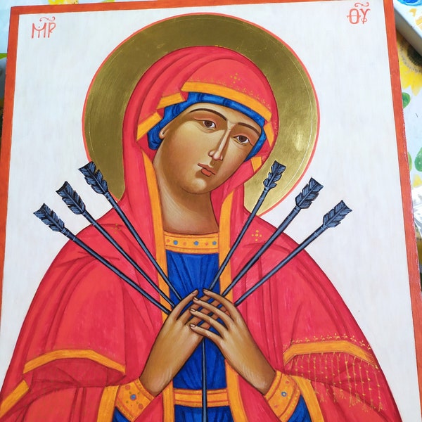 La Virgen con siete flechas. Virgen María ablandamiento de los corazones malvados. Icono ortodoxo.